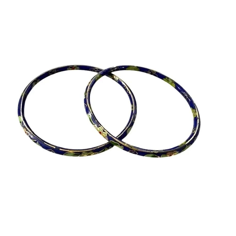 2 Cloisonné Bracelets Blue w/ Flowers 2.75" in diameter